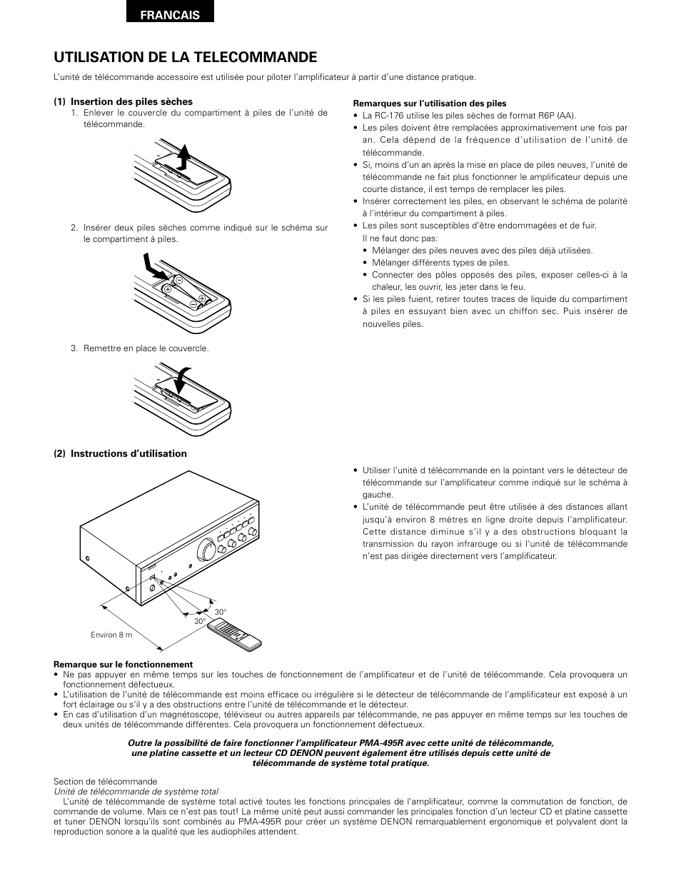 Utilisation de la telecommande, Francais | Denon PMA-495R User Manual | Page 10 / 14