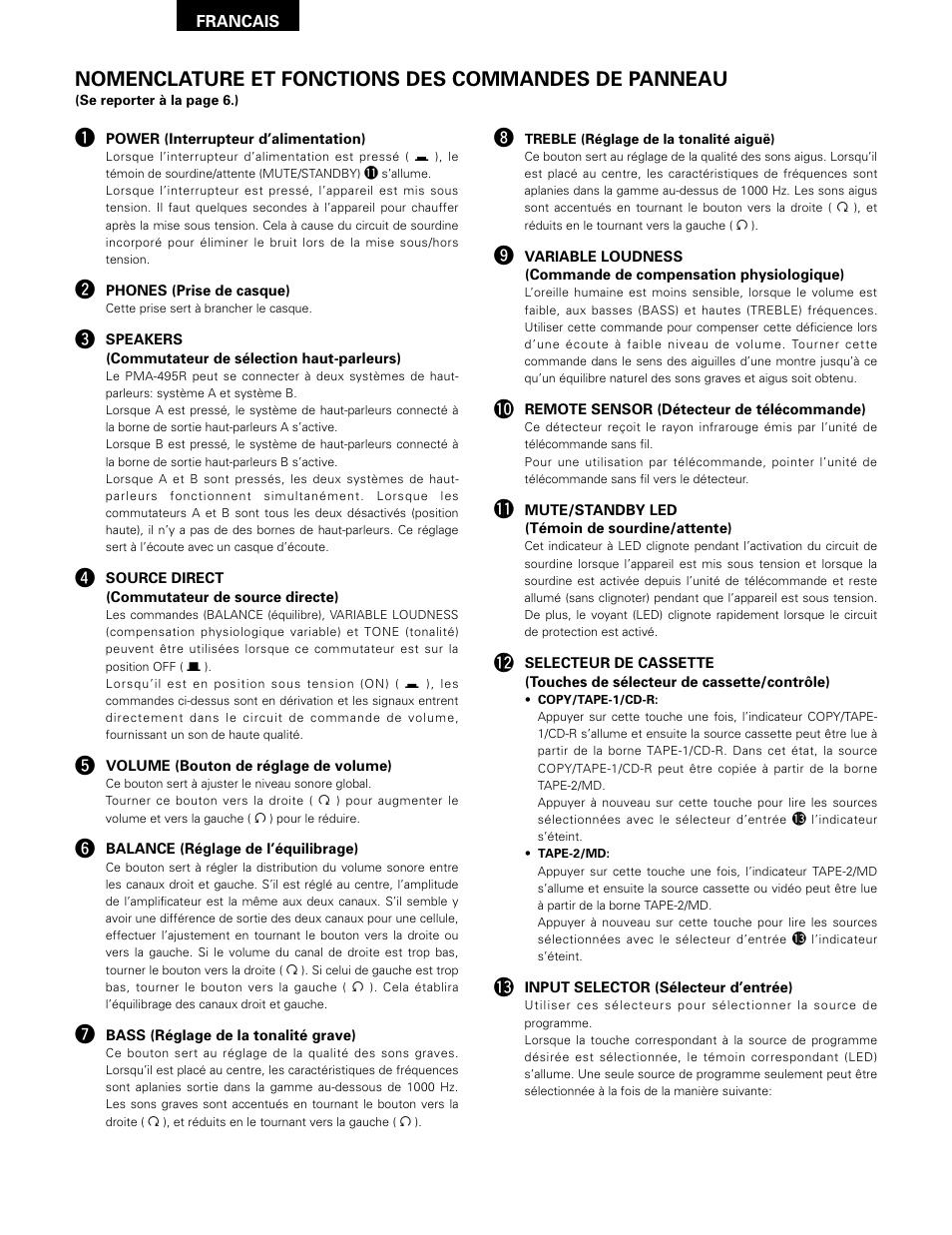 Nomenclature et fonctions des commandes de panneau | Denon PMA-495R User Manual | Page 8 / 14