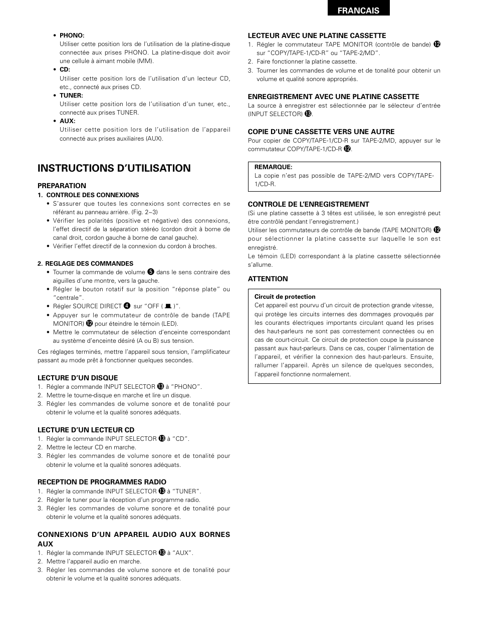 Instructions d’utilisation, Francais | Denon PMA-495R User Manual | Page 9 / 14