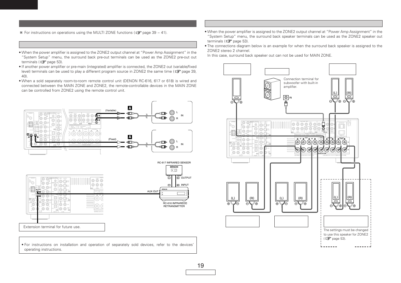 English, Connecting the multi zone terminals, Zone2 out connections | Zone2 speaker out connections | Denon AVR-1907 User Manual | Page 22 / 74