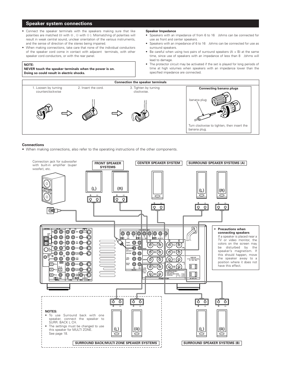 Speaker system connections | Denon AVR-3801 User Manual | Page 13 / 72