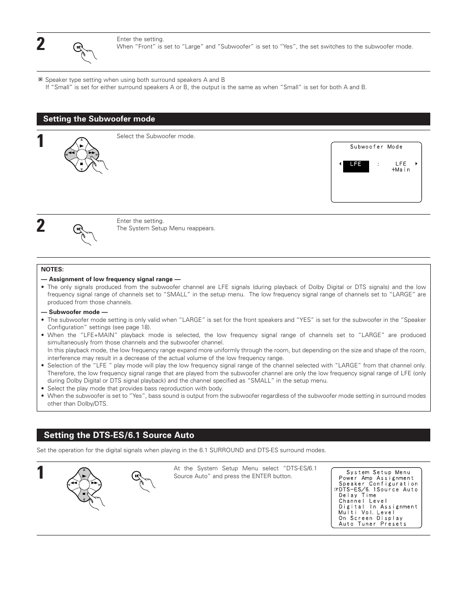 Setting the dts-es/6.1 source auto, Setting the subwoofer mode | Denon AVR-3801 User Manual | Page 21 / 72