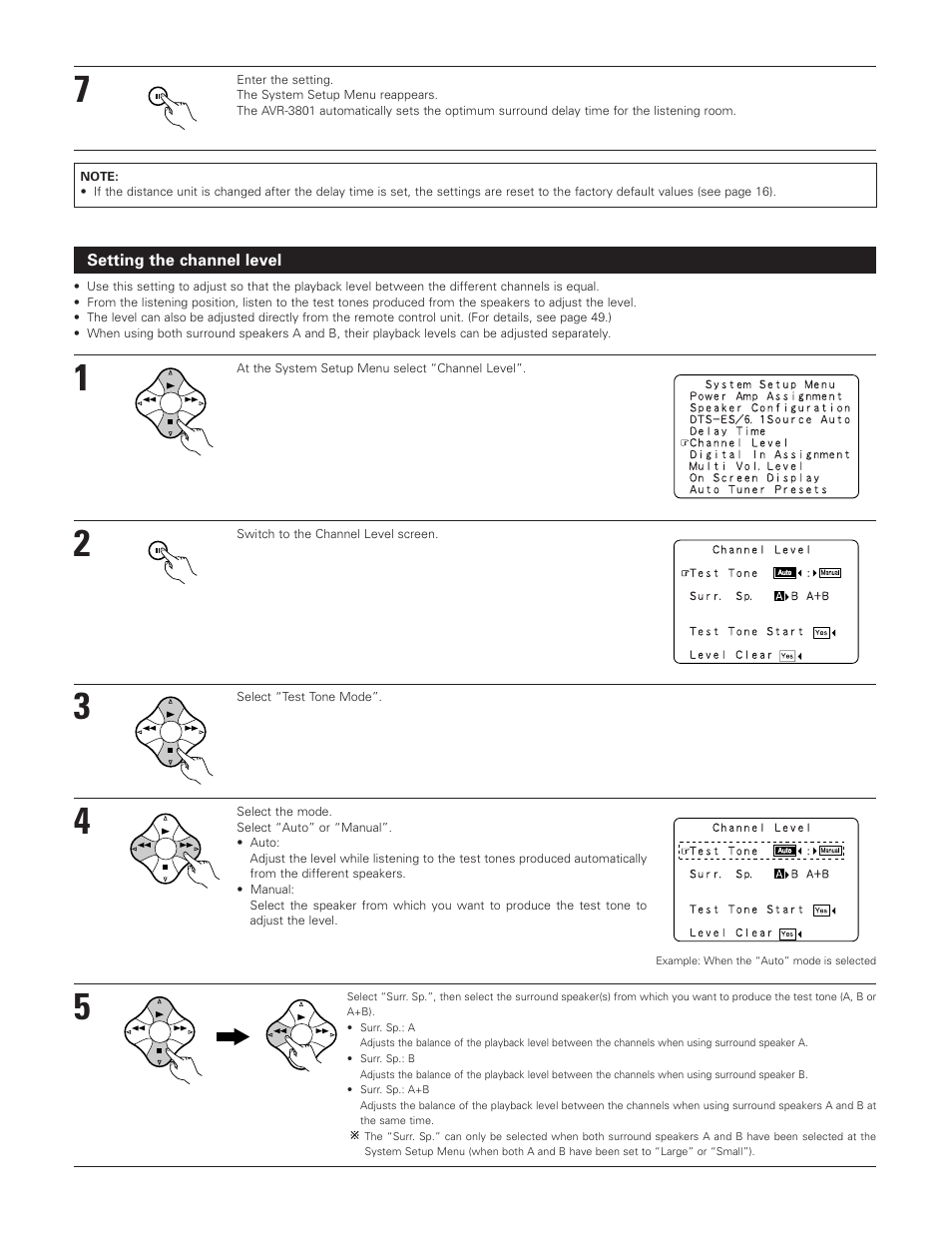 Setting the channel level | Denon AVR-3801 User Manual | Page 24 / 72