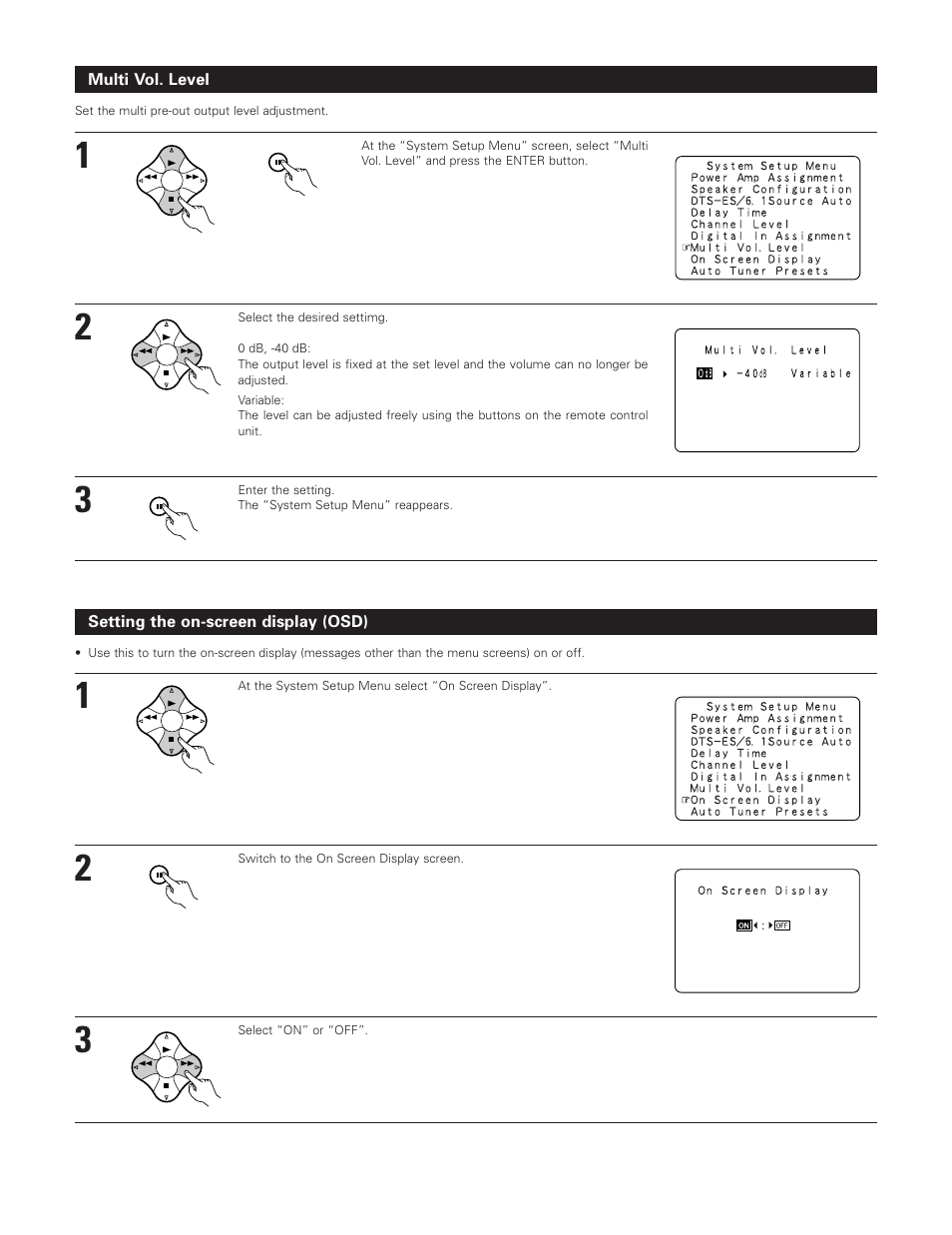 Multi vol. level, Setting the on-screen display (osd) | Denon AVR-3801 User Manual | Page 27 / 72