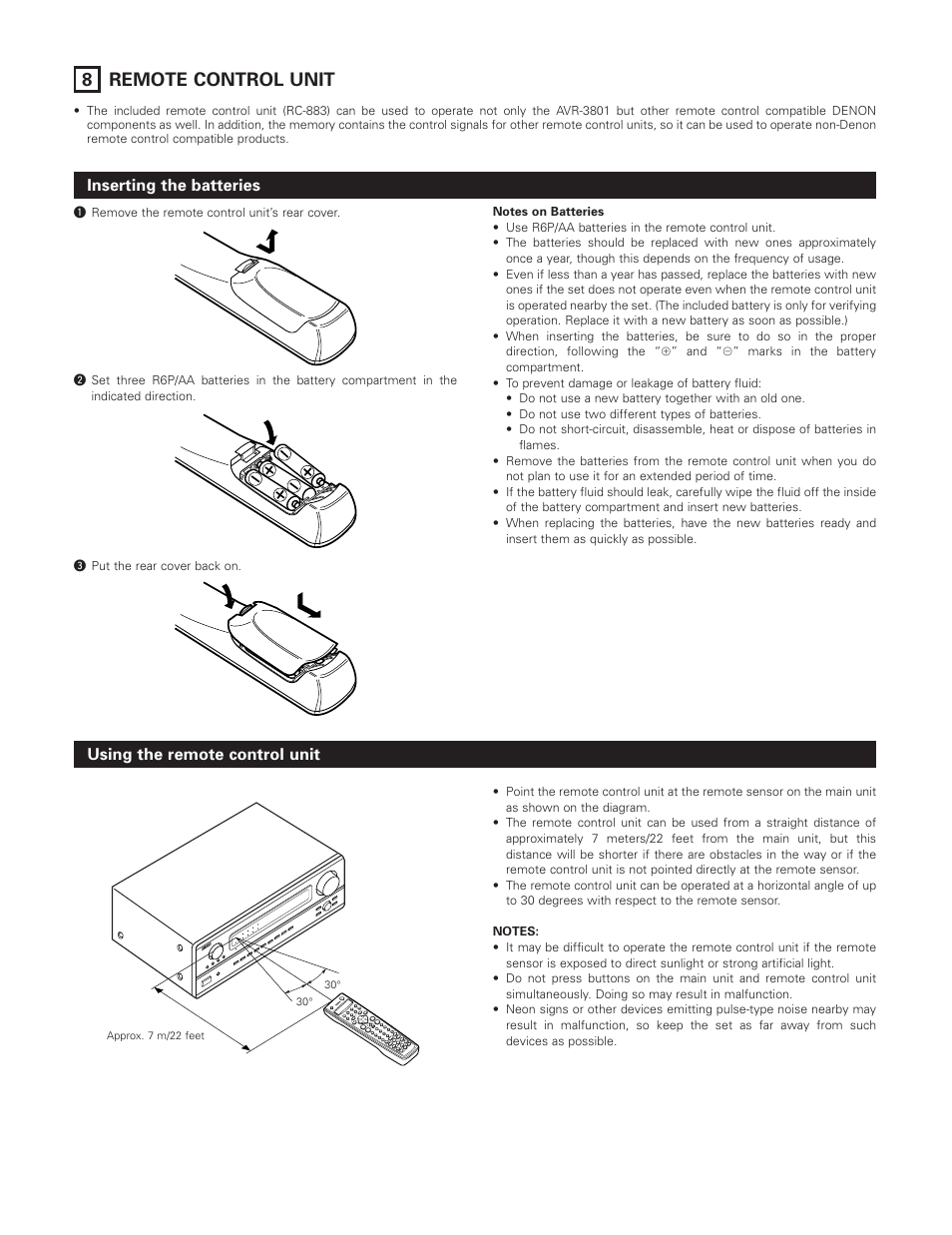 29 8 remote control unit, Inserting the batteries, Using the remote control unit | Denon AVR-3801 User Manual | Page 30 / 72