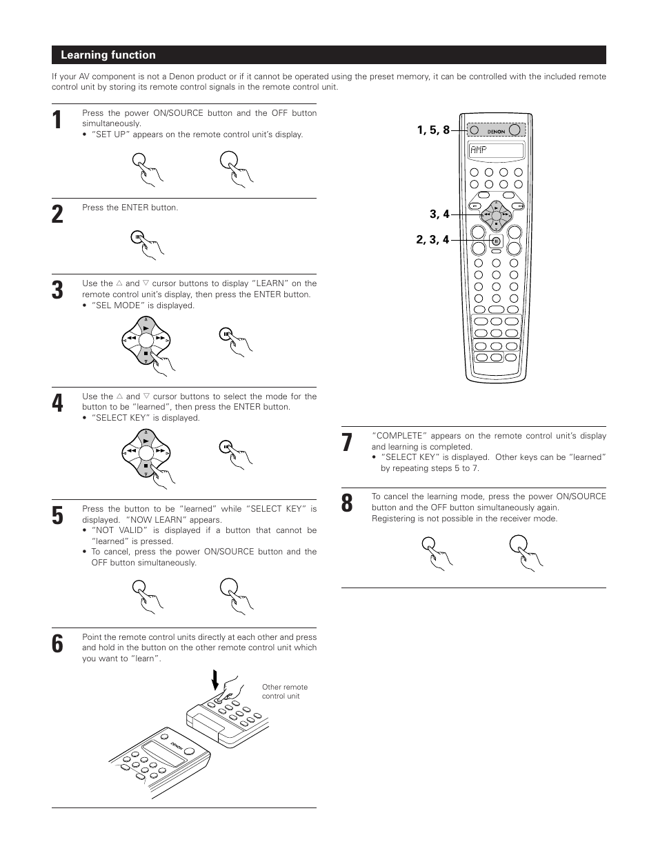 Learning function, Press the enter button | Denon AVR-3801 User Manual | Page 35 / 72