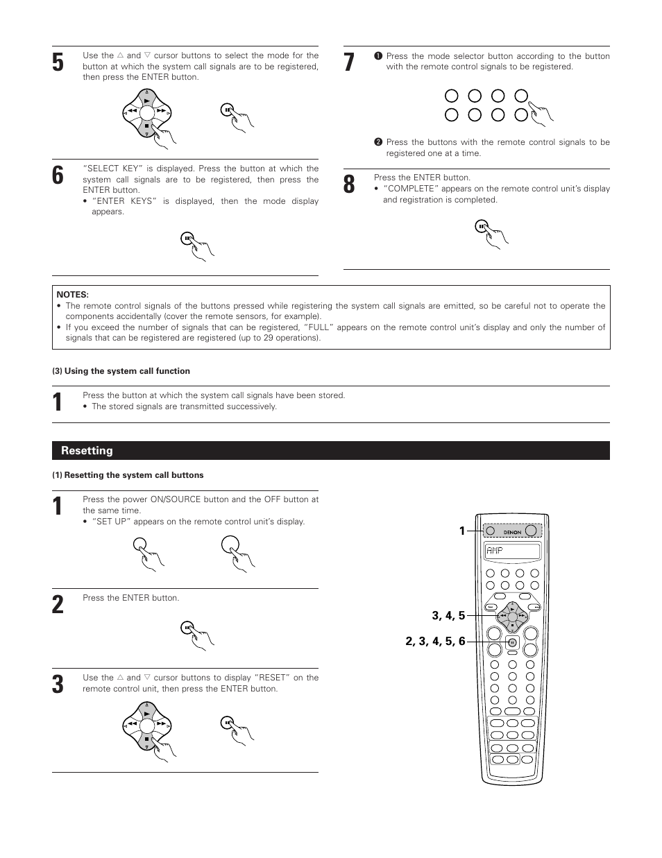 Resetting, 1) resetting the system call buttons | Denon AVR-3801 User Manual | Page 37 / 72