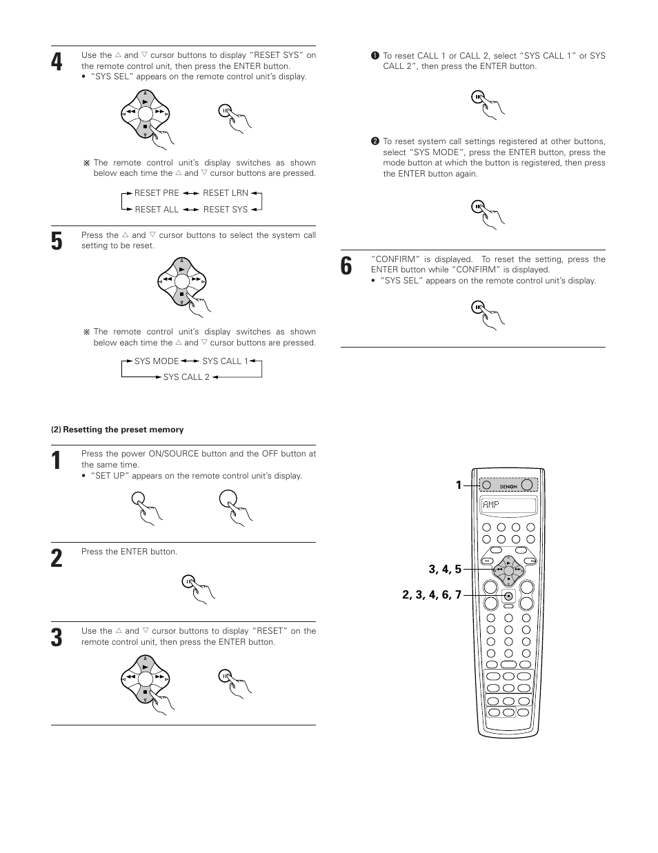 Sys mode sys call 1 sys call 2 | Denon AVR-3801 User Manual | Page 38 / 72