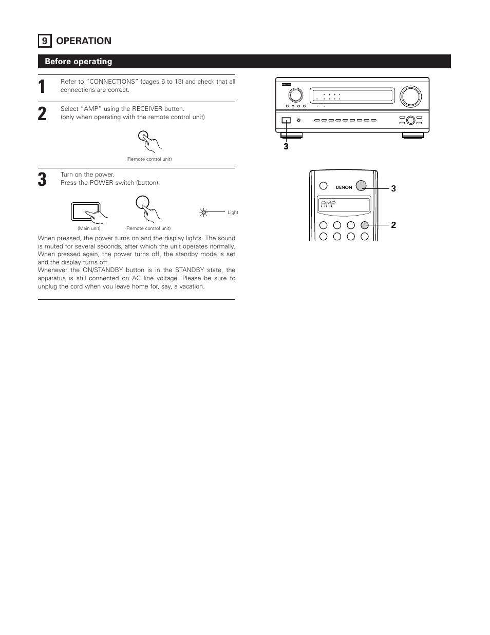 41 9 operation, Before operating | Denon AVR-3801 User Manual | Page 42 / 72