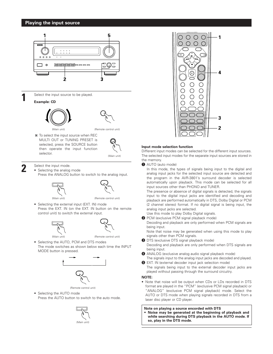 Playing the input source, Select the input source to be played, Example: cd | Auto pcm dts | Denon AVR-3801 User Manual | Page 43 / 72