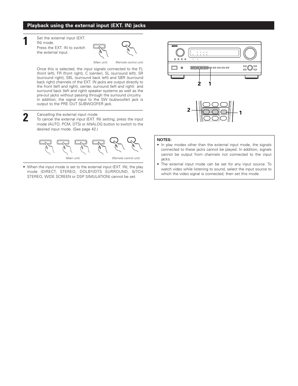 Playback using the external input (ext. in) jacks | Denon AVR-3801 User Manual | Page 48 / 72