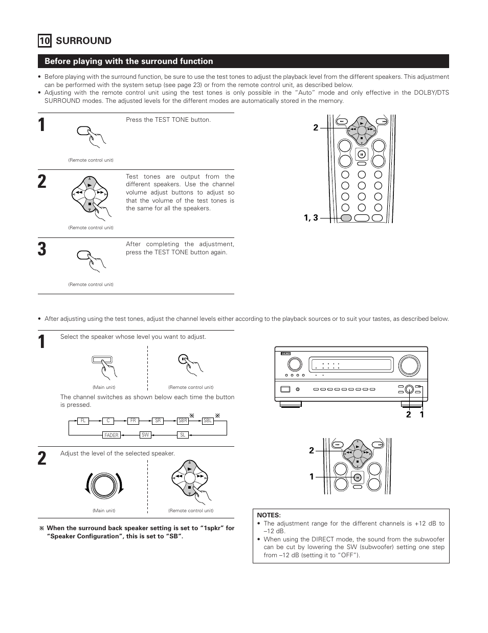 49 10 surround, Before playing with the surround function | Denon AVR-3801 User Manual | Page 50 / 72