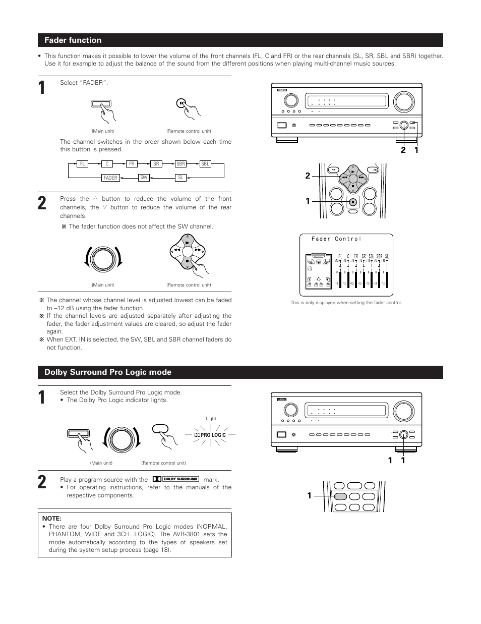 Fader function, Dolby surround pro logic mode | Denon AVR-3801 User Manual | Page 51 / 72
