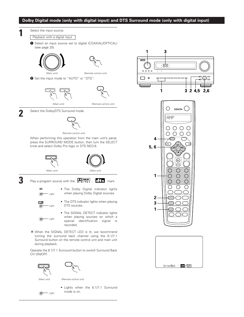 W set the input mode to “auto” or “dts, Select the dolby/dts surround mode, Play a program source with the , mark | The dts indicator lights when playing dts sources, Lights when the 6.1/7.1 surround mode is on | Denon AVR-3801 User Manual | Page 52 / 72