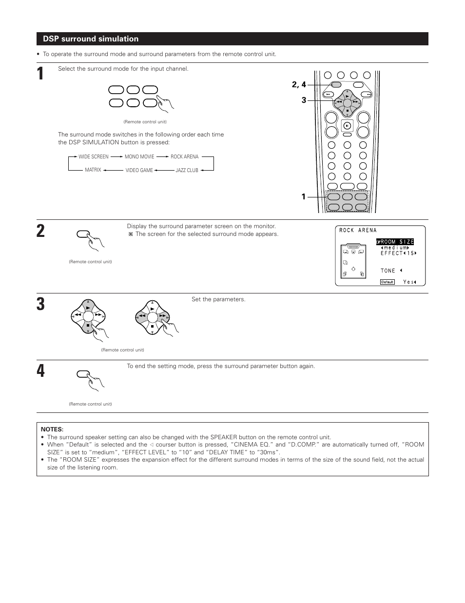 Dsp surround simulation, Set the parameters | Denon AVR-3801 User Manual | Page 55 / 72