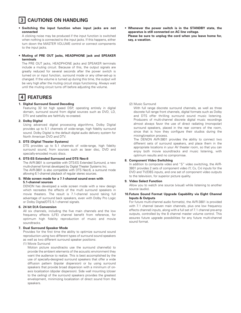 53 cautions on handling 4 features | Denon AVR-3801 User Manual | Page 6 / 72