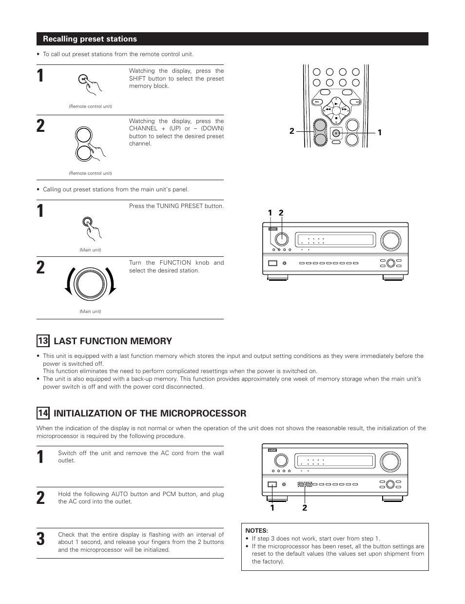 14 initialization of the microprocessor, Recalling preset stations | Denon AVR-3801 User Manual | Page 61 / 72