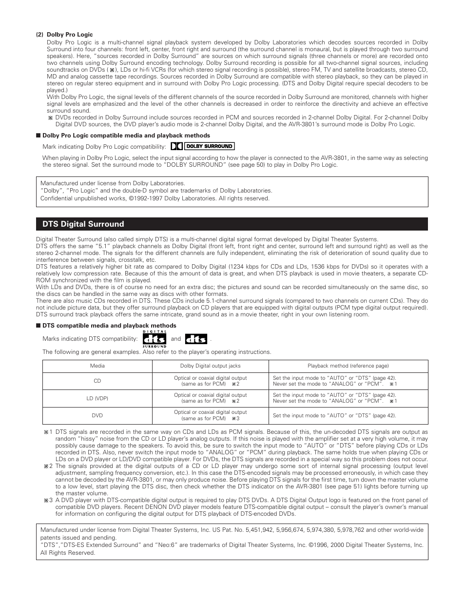 Dts digital surround | Denon AVR-3801 User Manual | Page 68 / 72