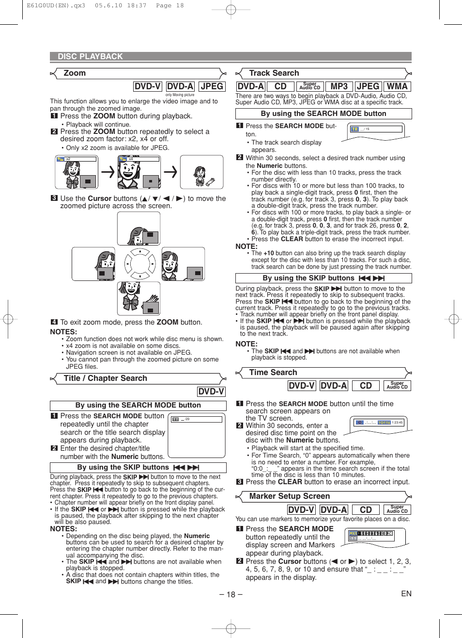 Jpeg dvd-a dvd-v, Cd dvd-a dvd-v, Dvd-v | Wma jpeg mp3, Cd dvd-a | Denon DVD-756 User Manual | Page 18 / 62