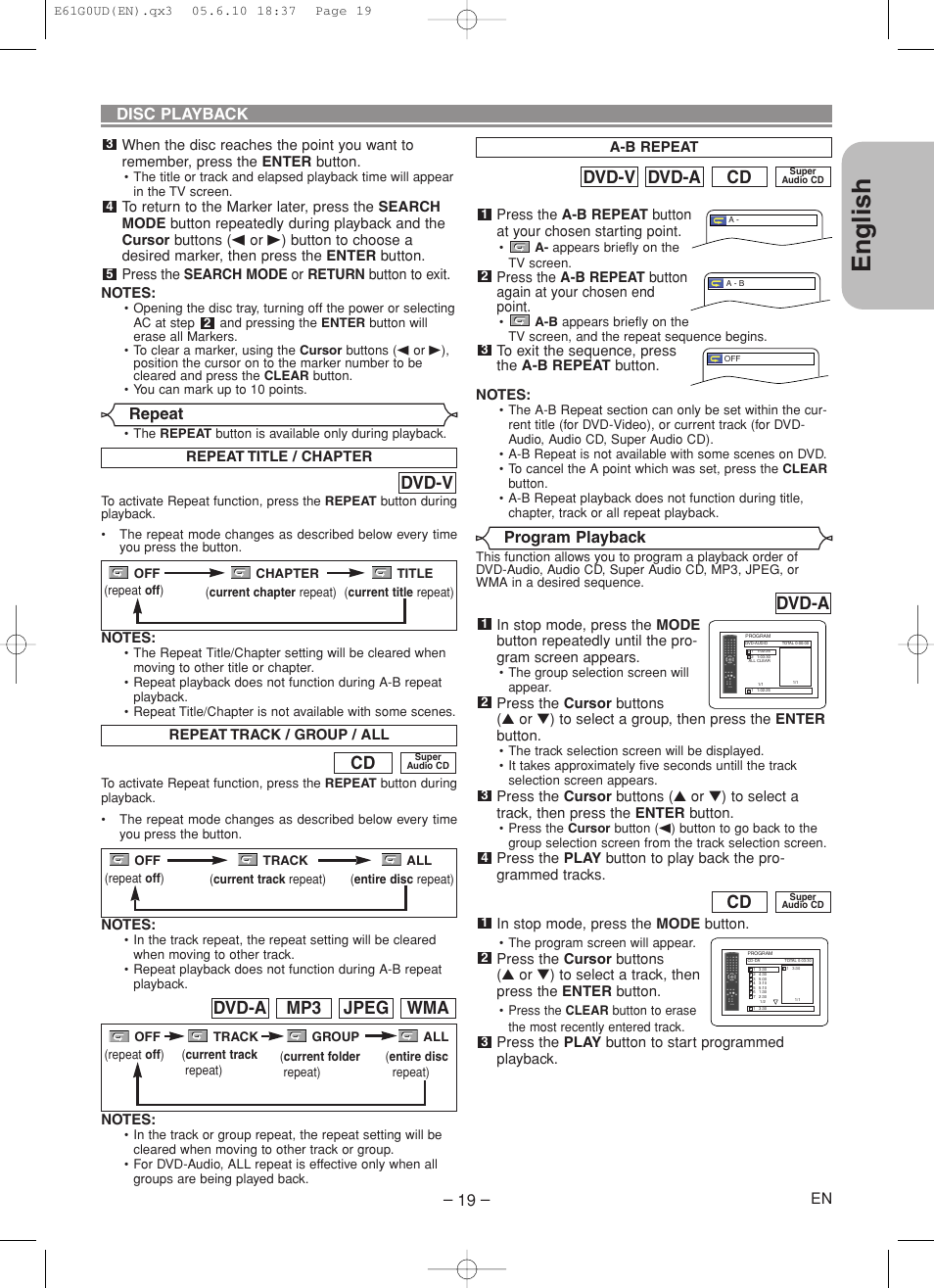 English, Cd dvd-a dvd-v, Dvd-v | Wma jpeg mp3 dvd-a, Dvd-a, Disc playback, Program playback, Repeat | Denon DVD-756 User Manual | Page 19 / 62