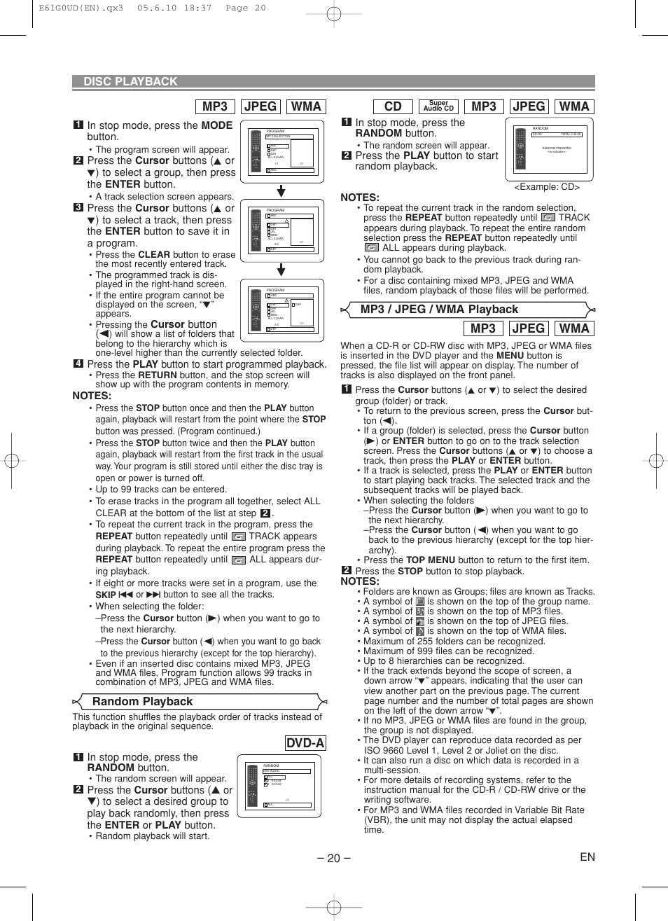 Wma jpeg mp3, Dvd-a, Random playback | Disc playback, Mp3 / jpeg / wma playback | Denon DVD-756 User Manual | Page 20 / 62