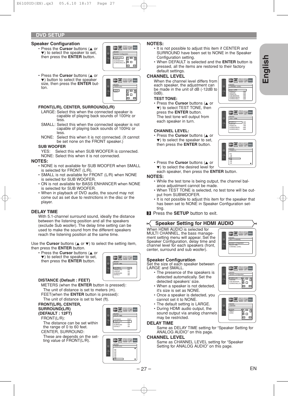 English, Dvd setup, Speaker setting for hdmi audio | Speaker configuration, Delay time, Channel level, Press the setup button to exit | Denon DVD-756 User Manual | Page 27 / 62