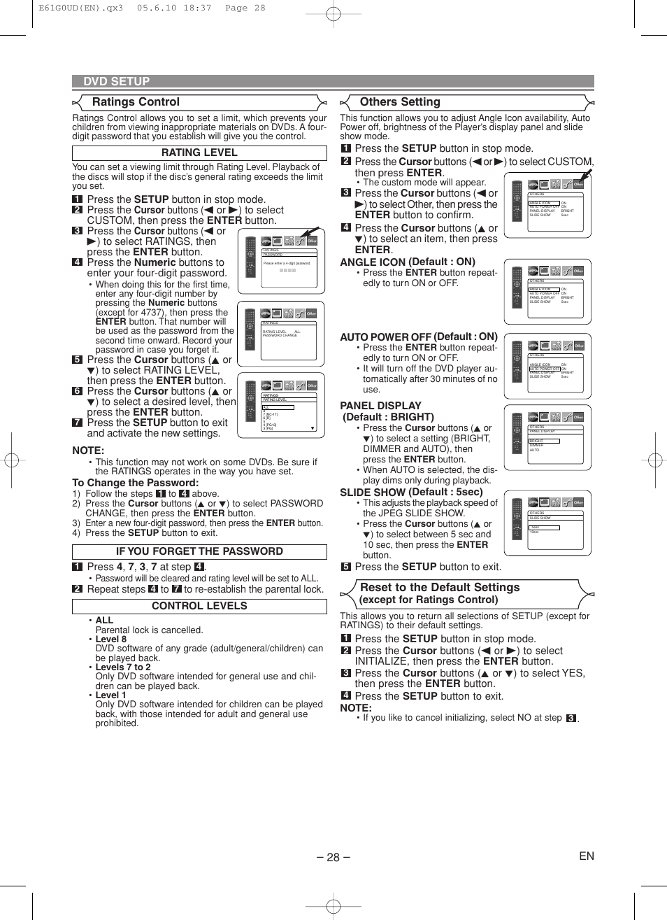 Reset to the default settings, Others setting, Ratings control | Dvd setup | Denon DVD-756 User Manual | Page 28 / 62