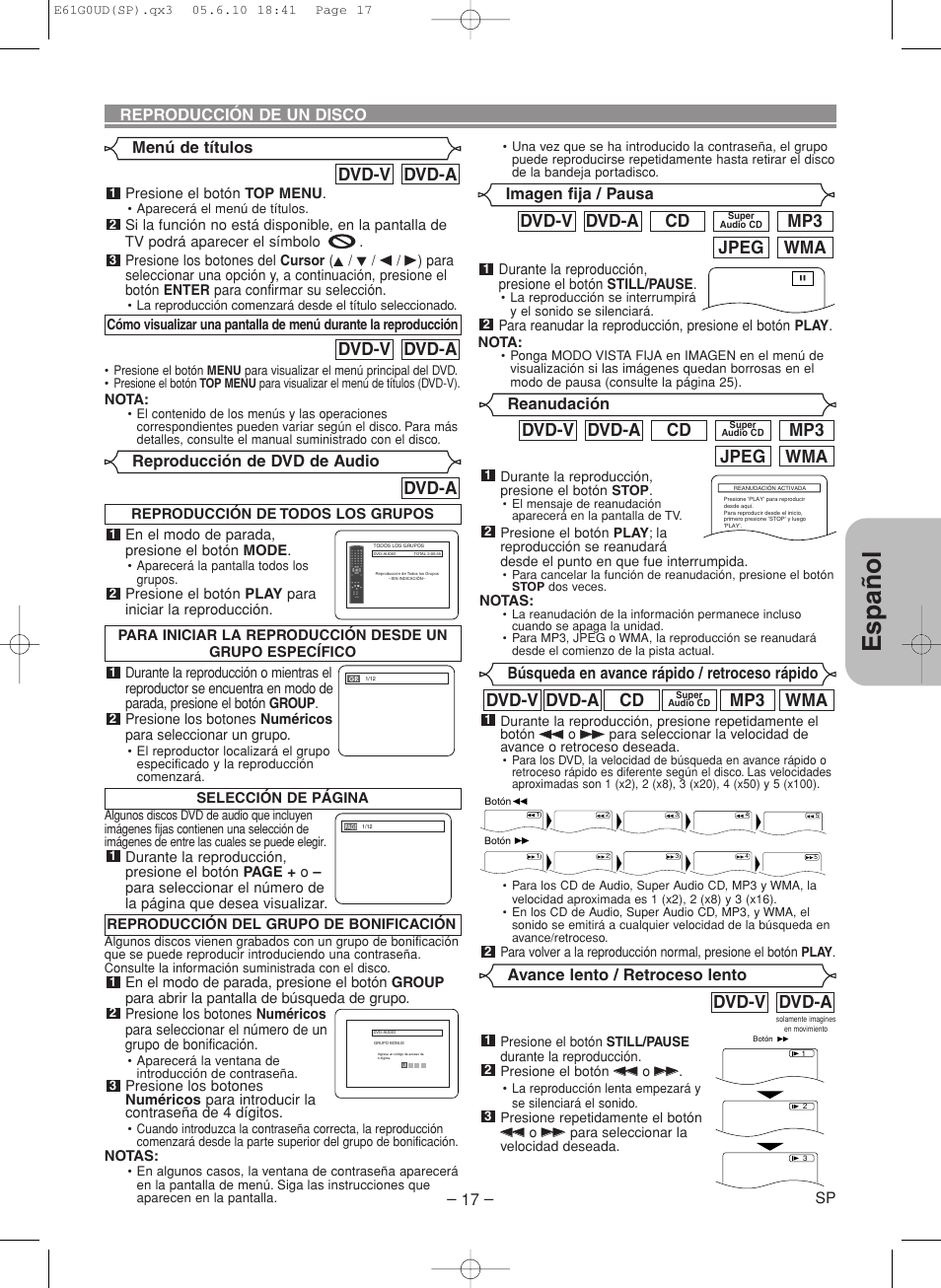 Espa ñ ol, Wma jpeg mp3, Cd dvd-a dvd-v | Dvd-a dvd-v, Dvd-a, Wma mp3 | Denon DVD-756 User Manual | Page 47 / 62