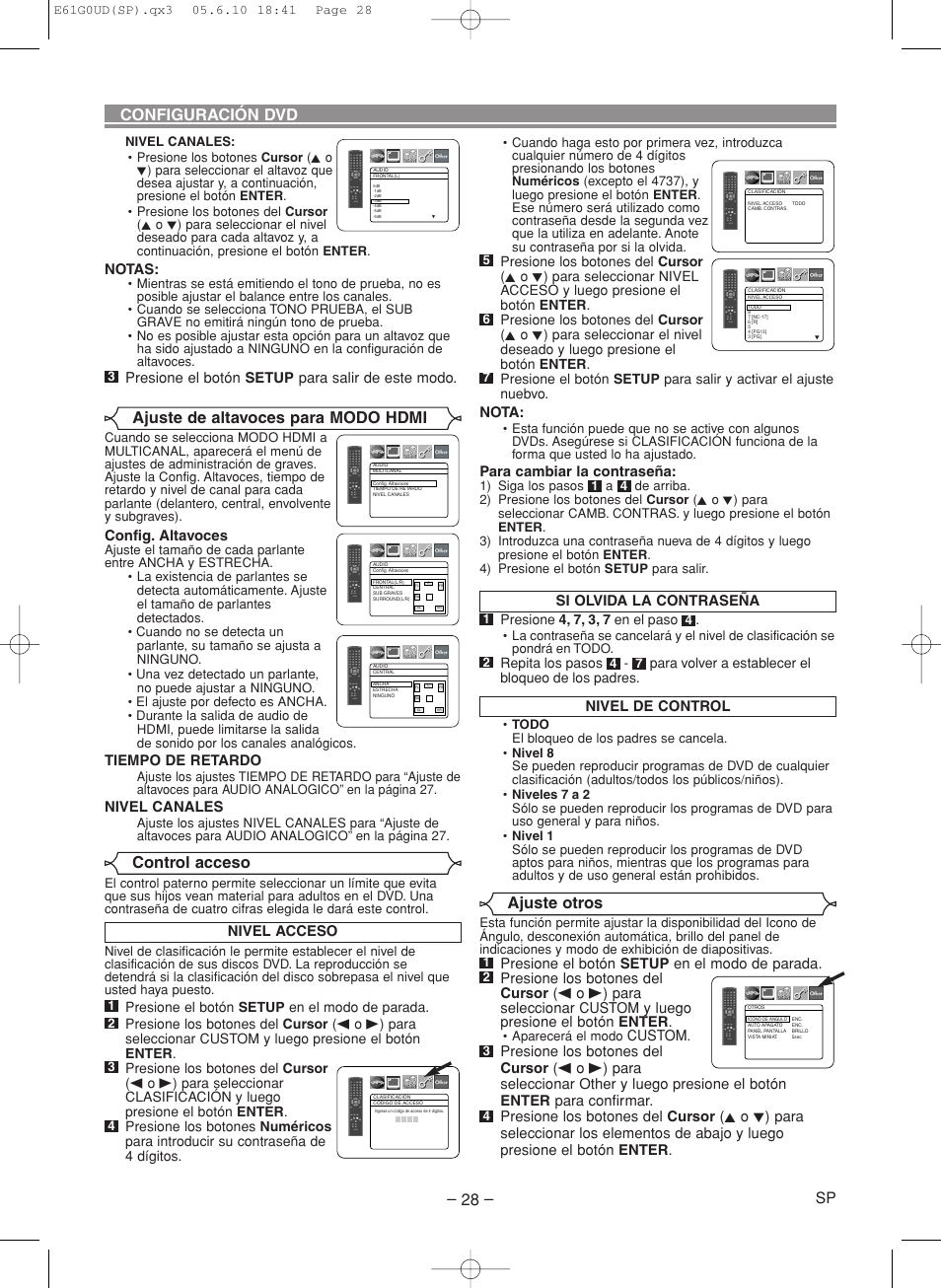 Configuración dvd control acceso, Ajuste de altavoces para modo hdmi, Ajuste otros | Denon DVD-756 User Manual | Page 58 / 62