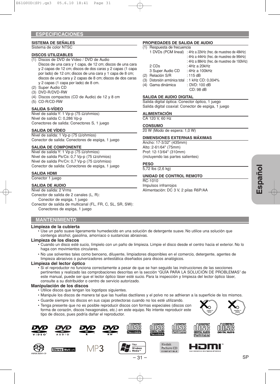 Espa ñ ol | Denon DVD-756 User Manual | Page 61 / 62