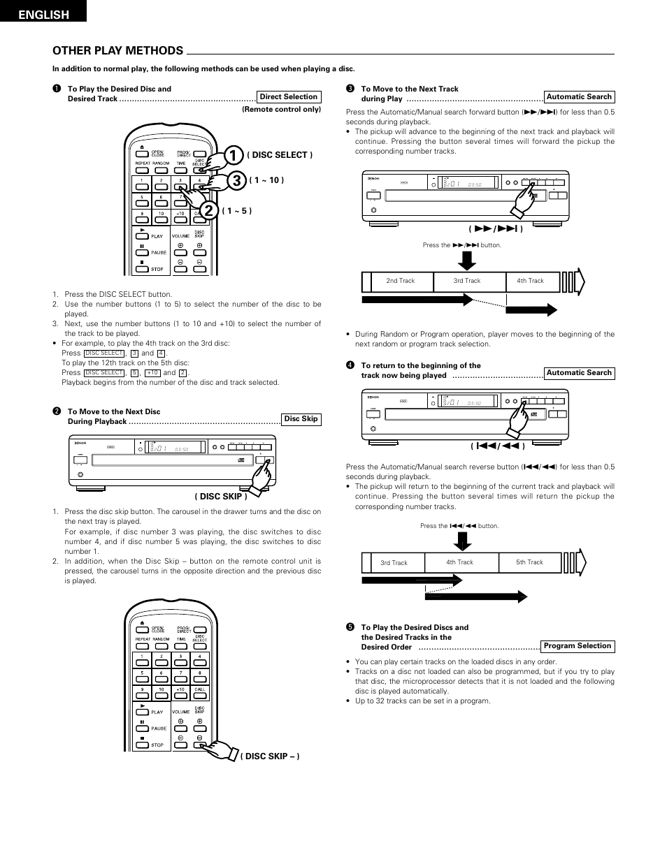 Other play methods, English other play methods, Open/close disc skip | Stop pause play prog phones repeat, Disc min sec | Denon DCM-65/35 User Manual | Page 10 / 38