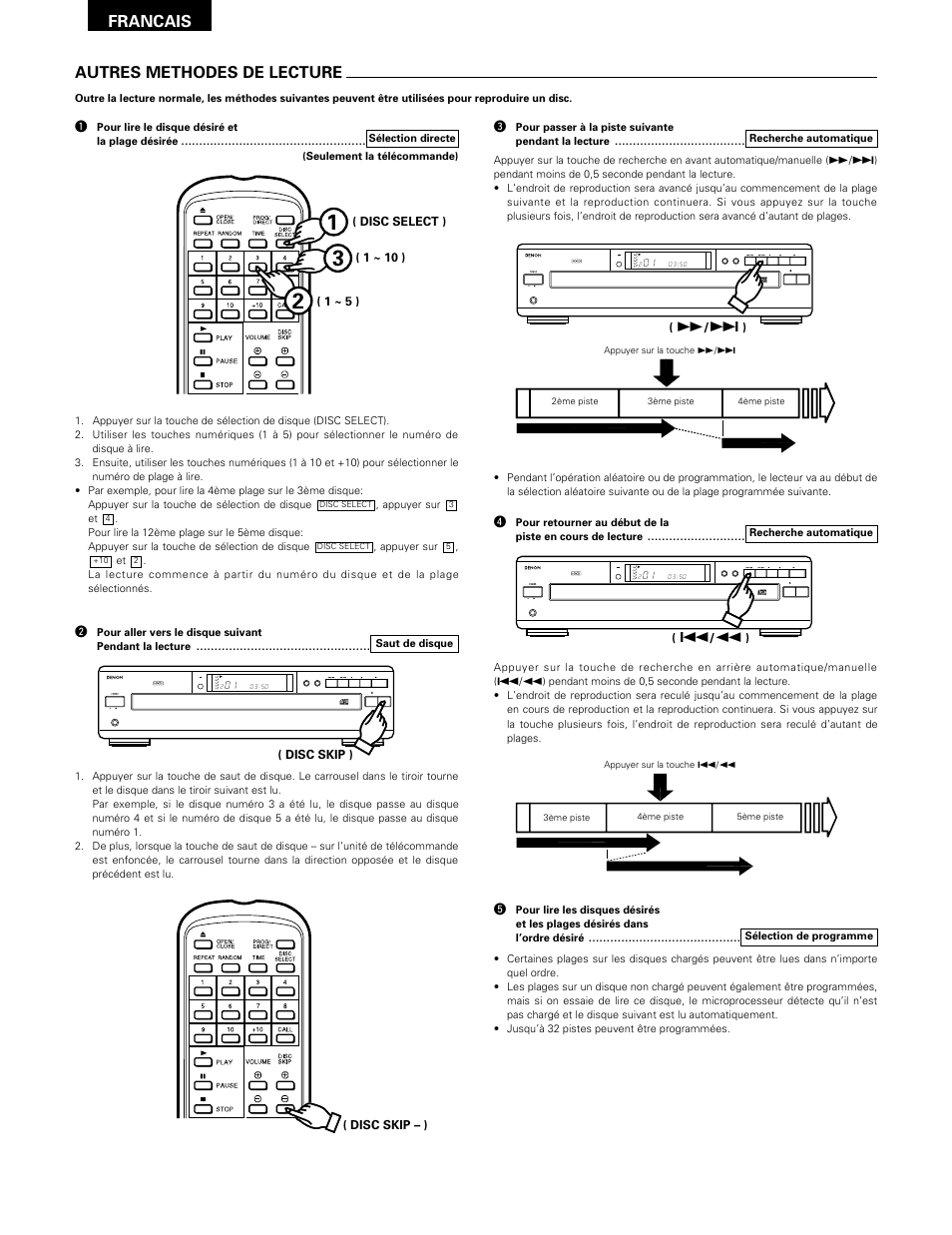 Autres methodes de lecture, Francais, Open/close disc skip | Stop pause play prog phones repeat, Disc min sec | Denon DCM-65/35 User Manual | Page 22 / 38