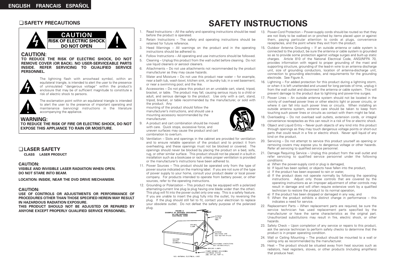 Safety instructions, Caution, Warning | Español english francais | Denon DVD-3930CI User Manual | Page 2 / 54