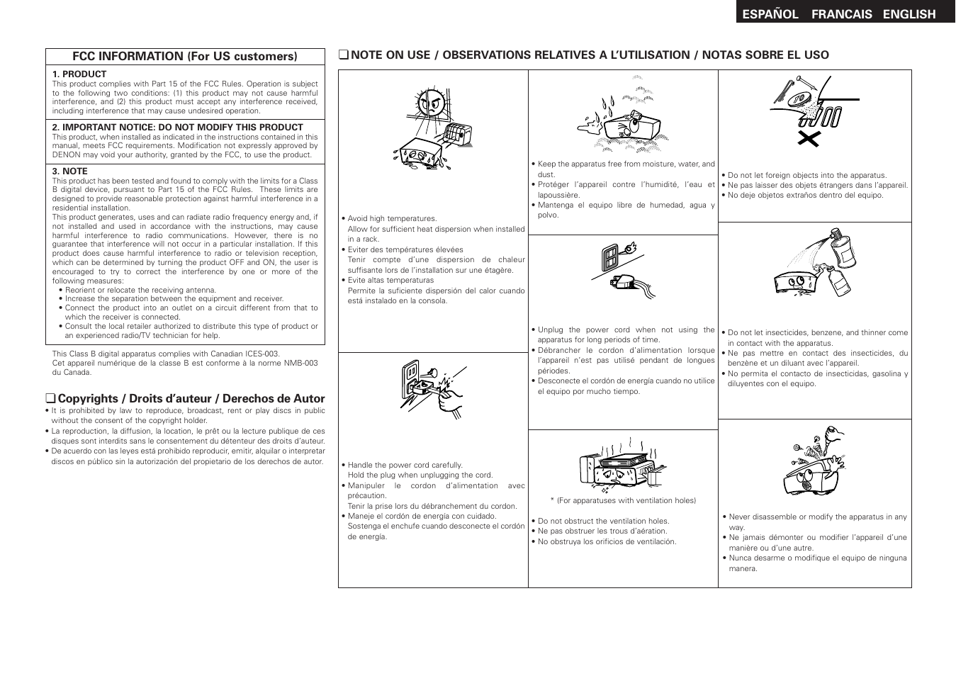 English francais español | Denon DVD-3930CI User Manual | Page 3 / 54