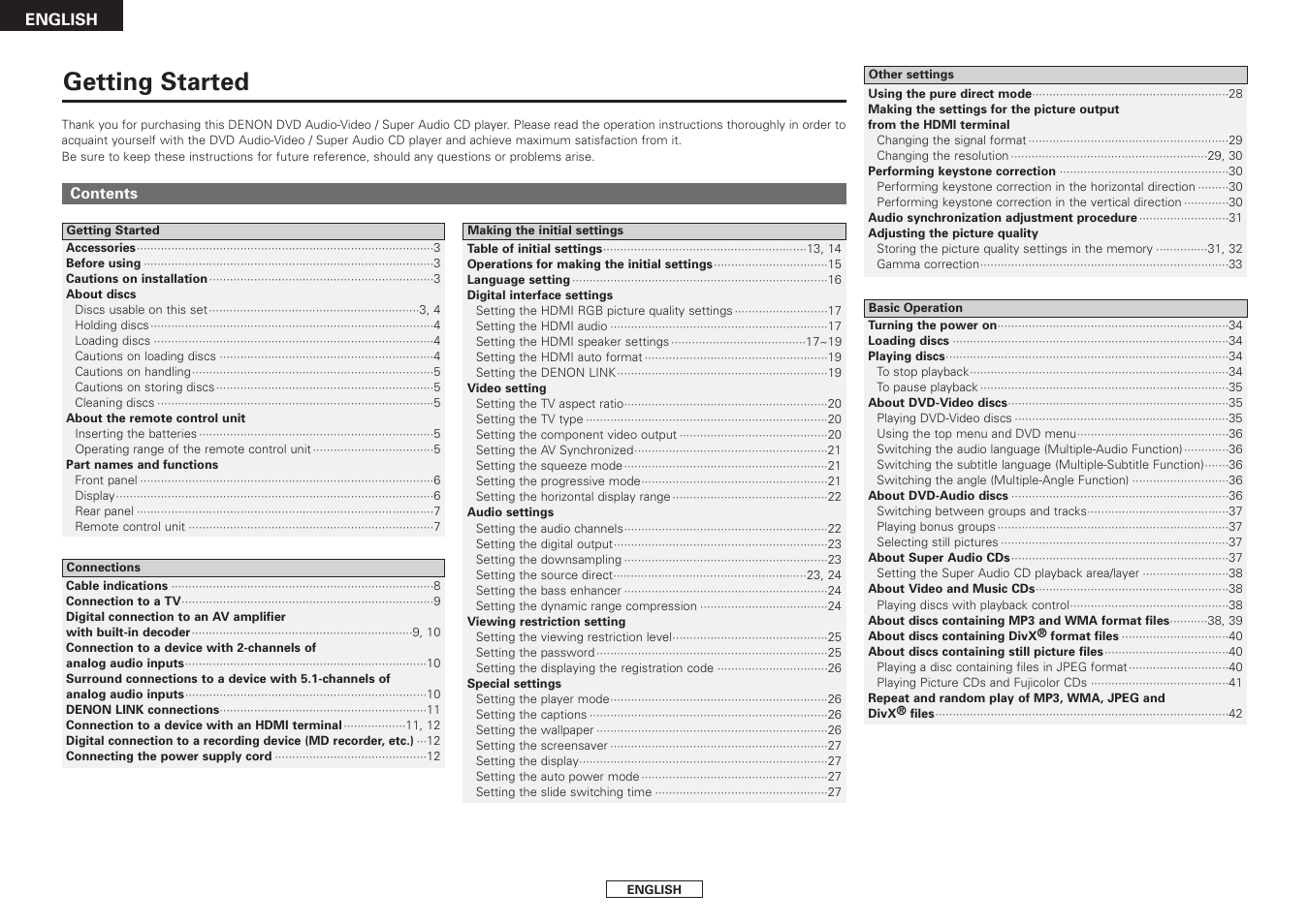 Getting started | Denon DVD-3930CI User Manual | Page 4 / 54