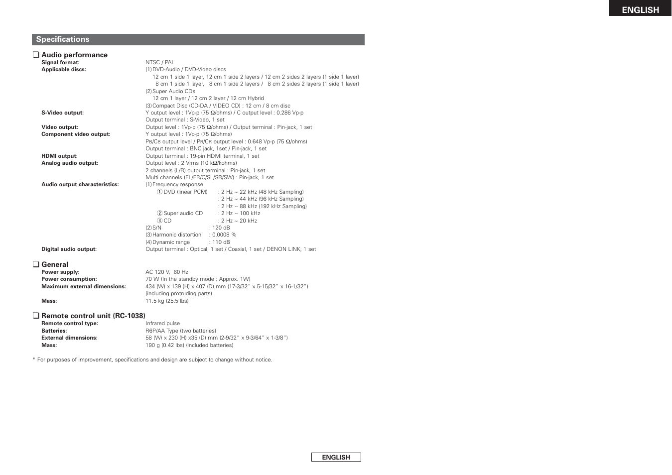 English, Specifications | Denon DVD-3930CI User Manual | Page 53 / 54