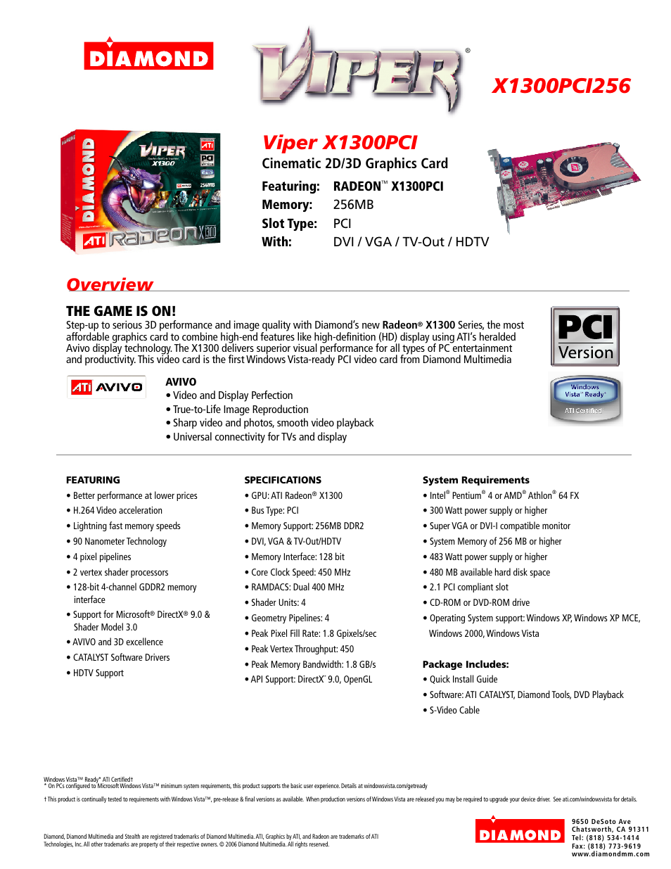 Diamond Multimedia Radeon X1300PCI256 User Manual | 1 page