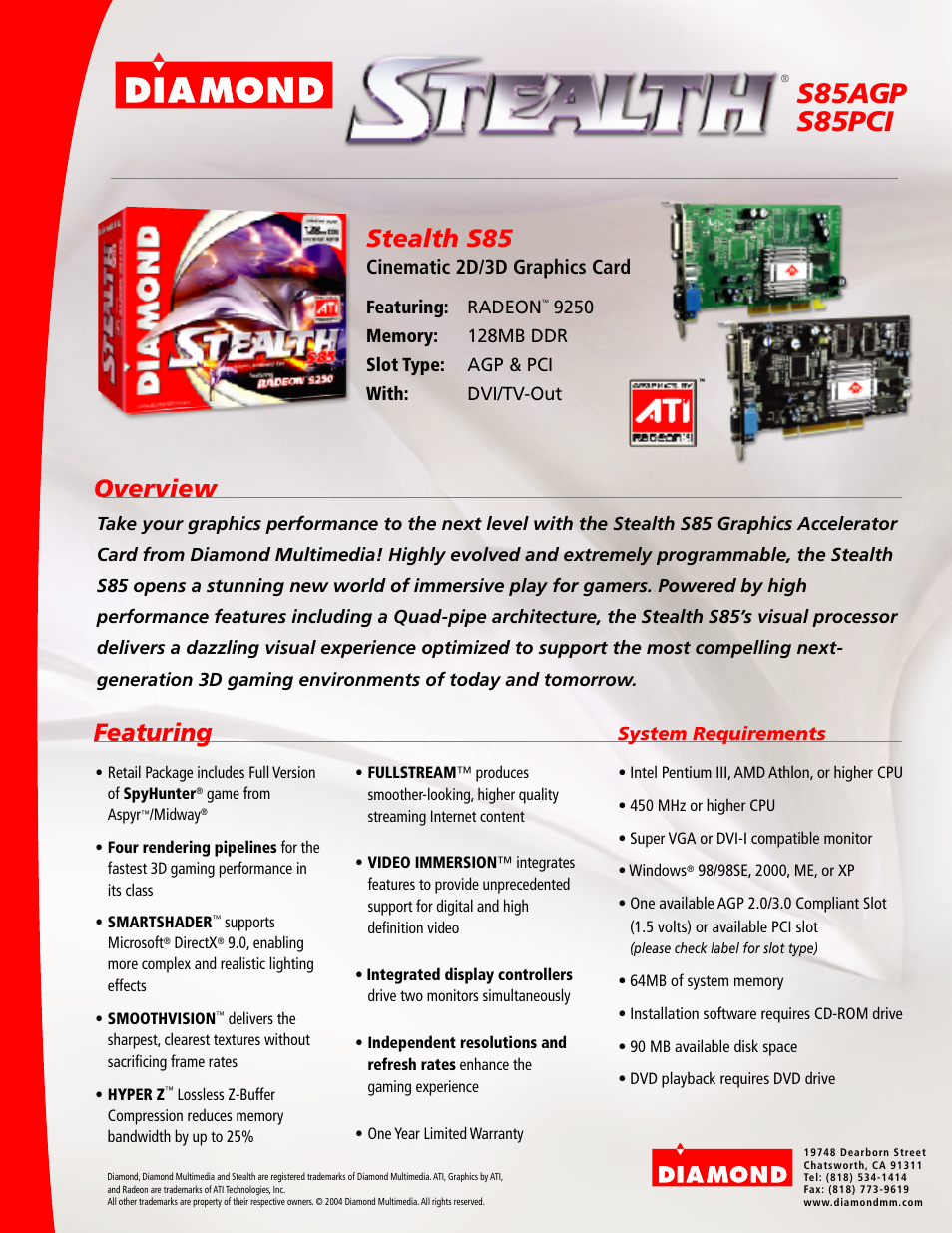 Diamond Multimedia Stealth S85AGP User Manual | 1 page