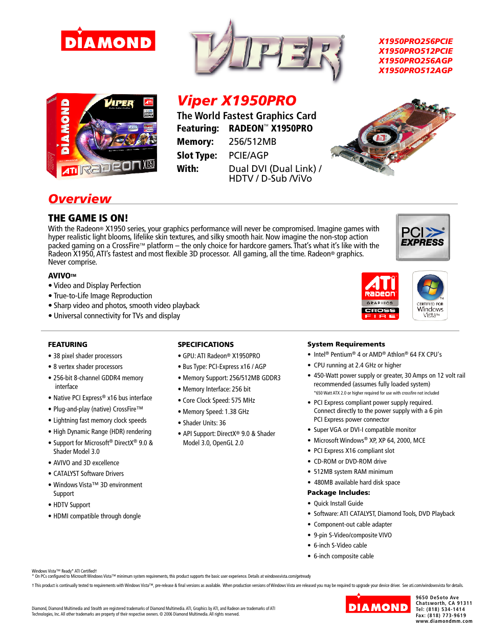 Diamond Multimedia Radeon X1950PRO256PCIE User Manual | 1 page