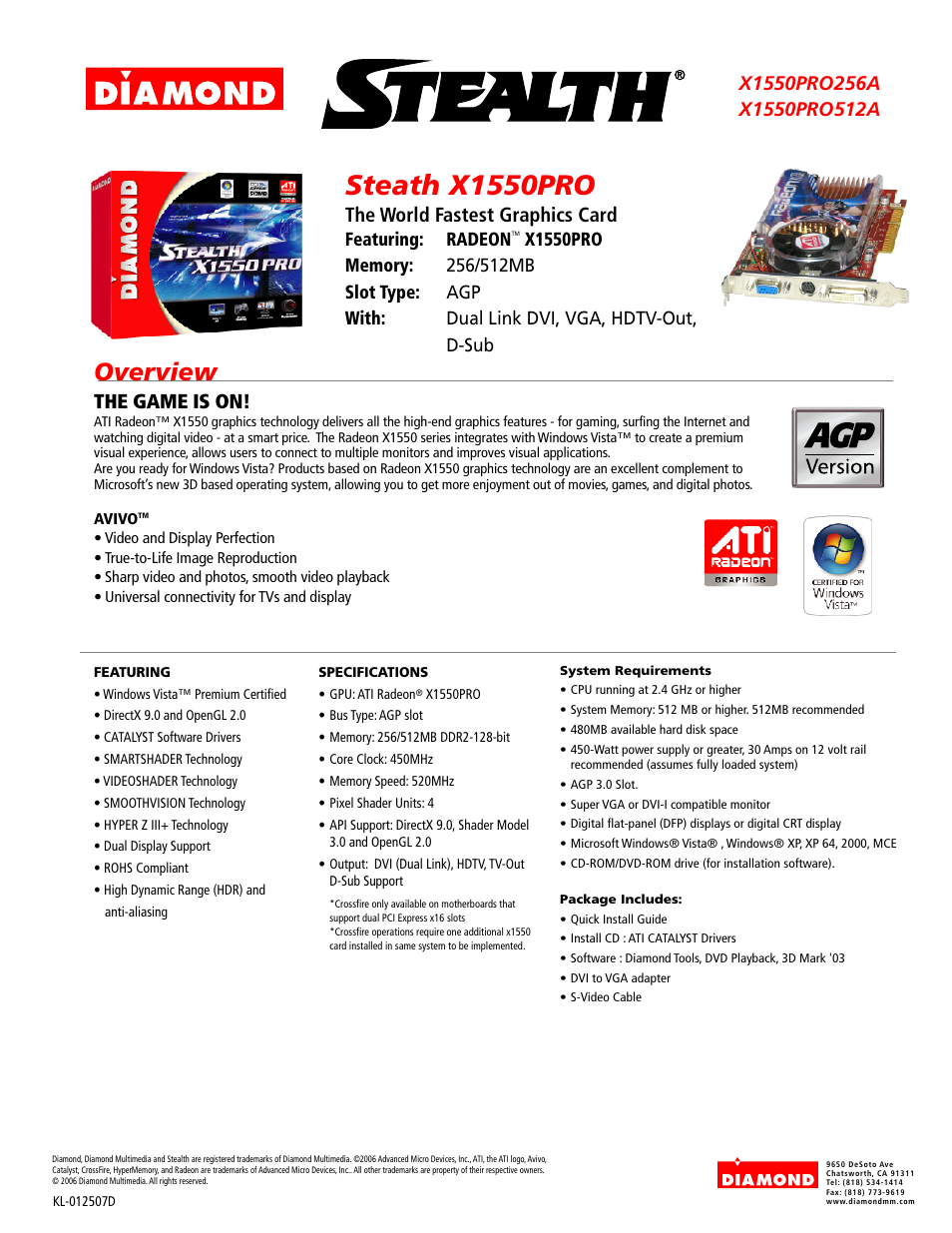 Diamond Multimedia Radeon X1550PRO512A User Manual | 1 page