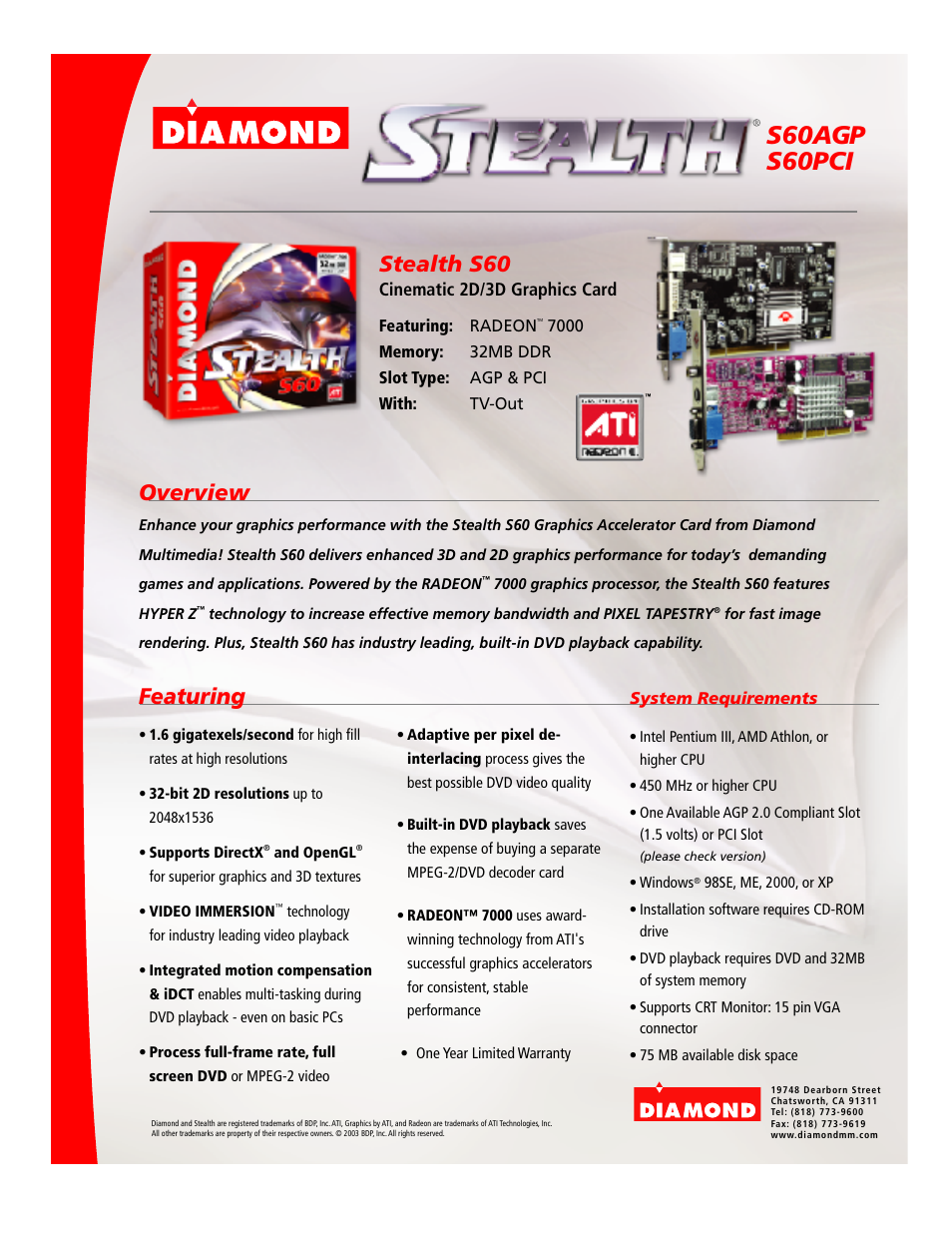 Diamond Multimedia Radeon S60 User Manual | 1 page