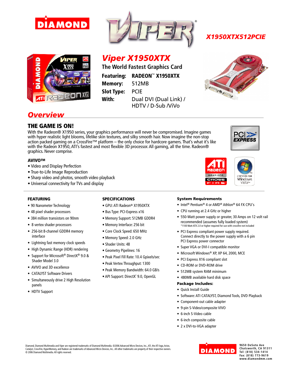 Diamond Multimedia Radeon X1950XTX512PCIE User Manual | 1 page