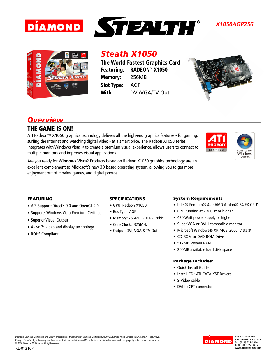 Diamond Multimedia Radeon X1050 User Manual | 1 page