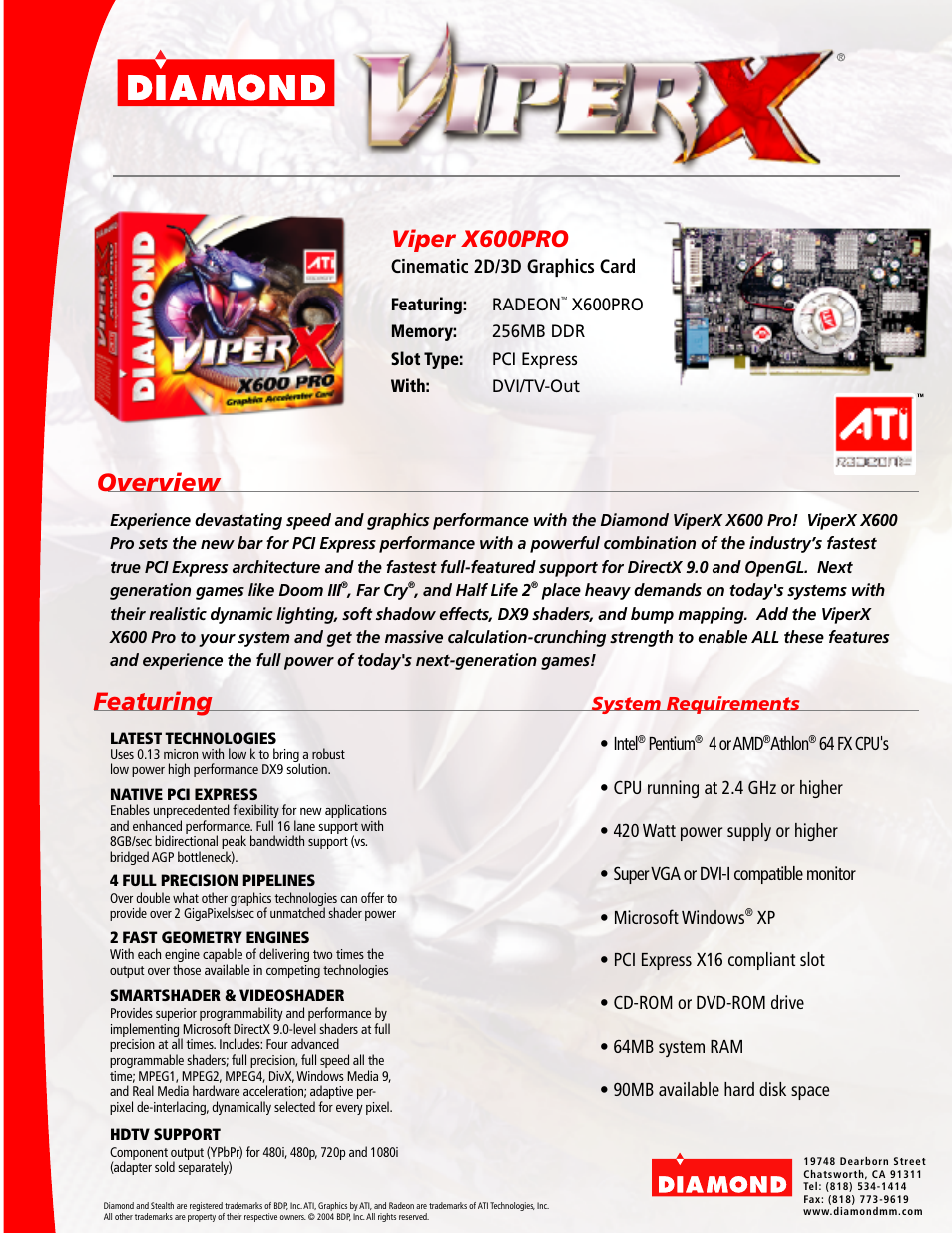 Diamond Multimedia Radeon X600PRO User Manual | 1 page