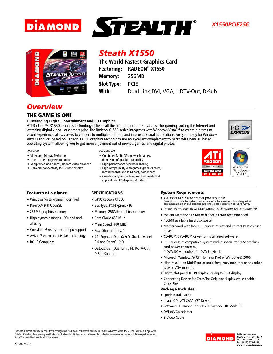 Diamond Multimedia Radeon X1550 User Manual | 1 page