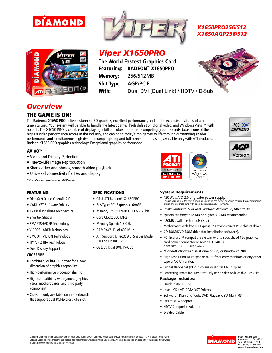 Diamond Multimedia Radeon X1650PRO512 User Manual | 1 page
