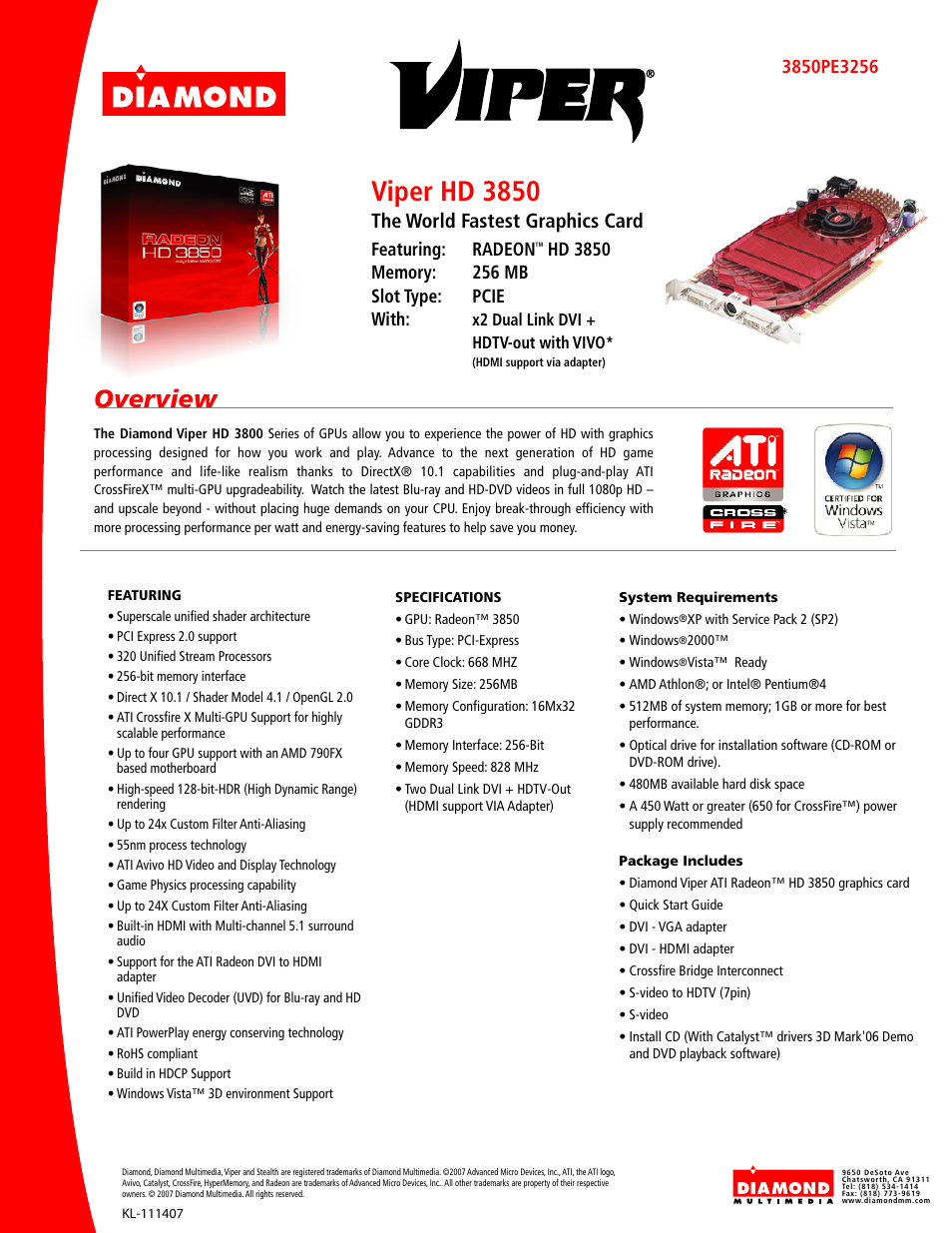 Diamond Multimedia Radeon 3850PE3256 User Manual | 1 page