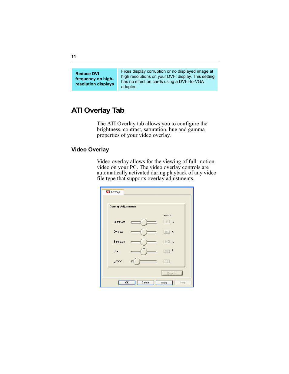 Ati overlay tab, Video overlay | ATI Technologies RADEON 9000 User Manual | Page 15 / 36