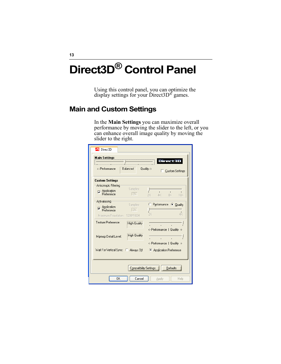 Direct3d® control panel, Main and custom settings, Direct3d | Control panel | ATI Technologies RADEON 9000 User Manual | Page 17 / 36