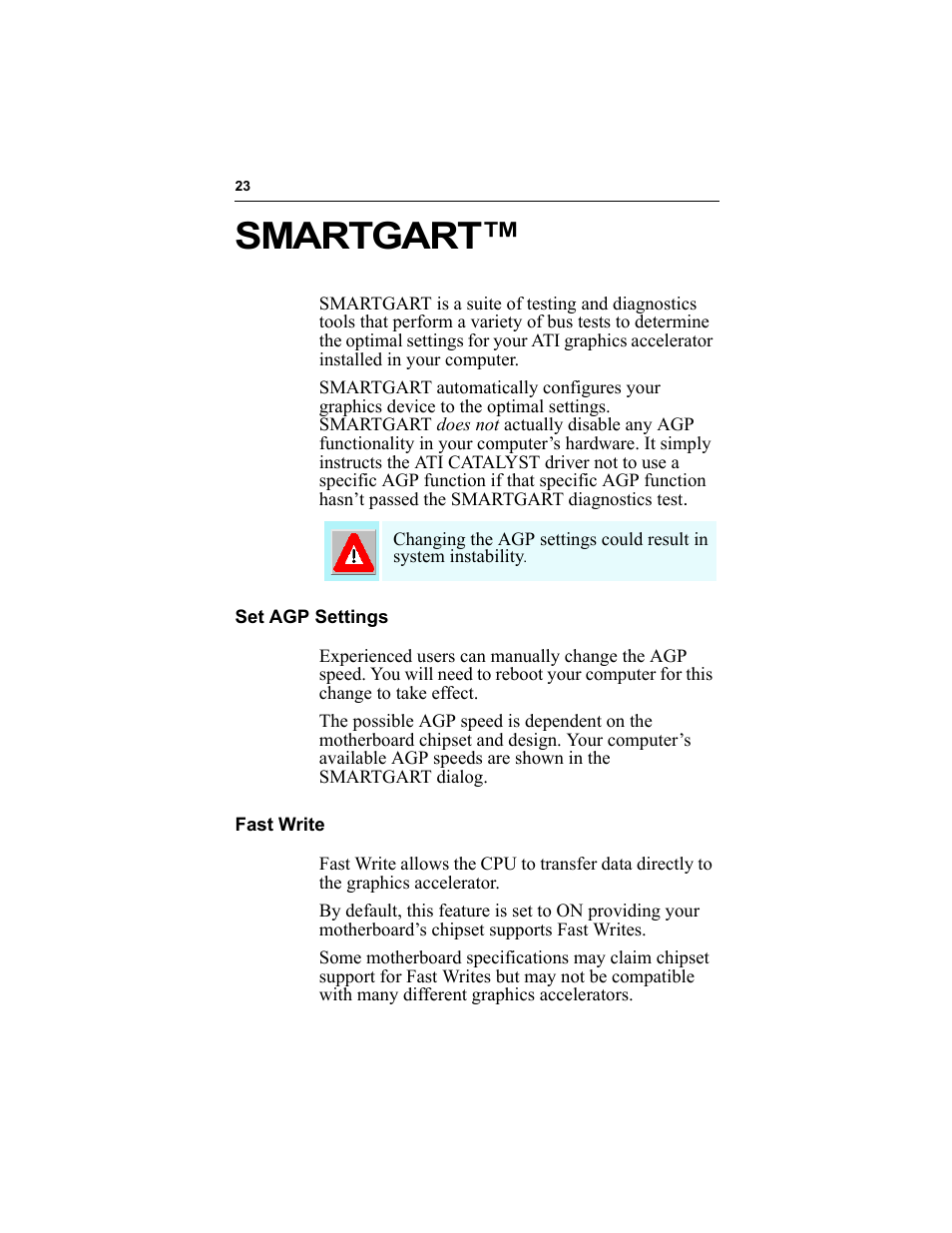 Smartgart, Set agp settings fast write | ATI Technologies RADEON 9000 User Manual | Page 27 / 36